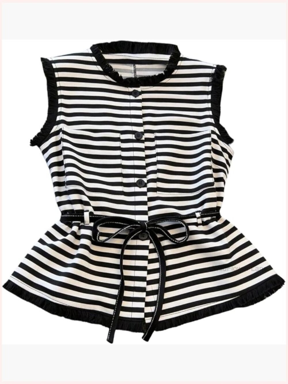 Striped Sleeveless Button Down Shirt Crew Neck Fringe Belted Blouse Office Top